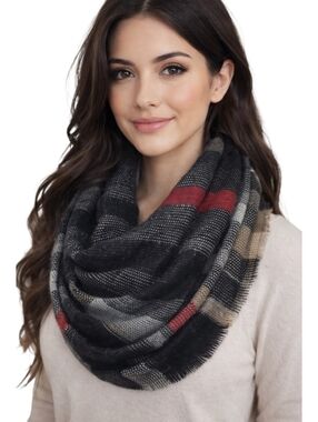 Fraas Plaid Infinity Scarf Gray Black Tan Red Soft Acrylic Cozy Loop Scarf